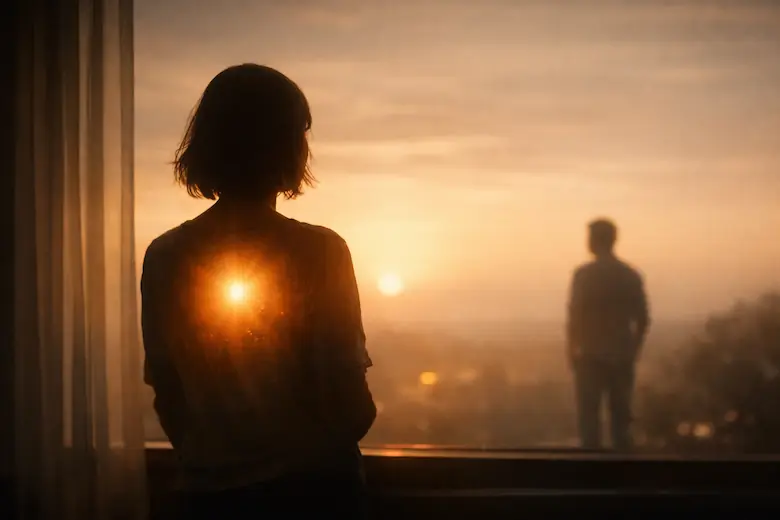 A single person in quiet self-reflection, representing the Law of Attraction principle of becoming a genuine match for the relationship you seek