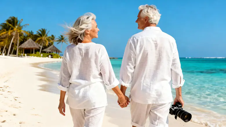 Couple walking along a beach at golden hour, symbolising lasting devotion and connection
